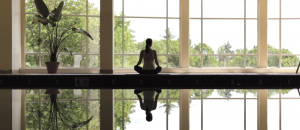 A woman sits in lotus position by reflective pool overlooking lush garden in contemplative state.
