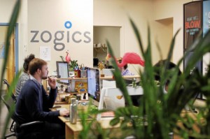 A view of the bright and relaxed work space at Zogics, a young eco-friendly company in Lee, MA.