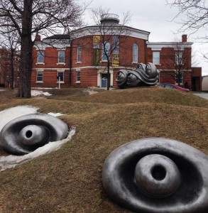 An art installation on the grounds of the Williams College Museum of Art resemble eyes embedded in the ground peering out at the curious.