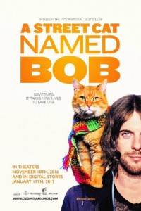 cat wearing a scarf on shoulder of man in the poster for A Street Cat Named Bob 