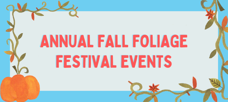 Annual Fall Foliage Festival banner surrounded by pumpkins and leaves
